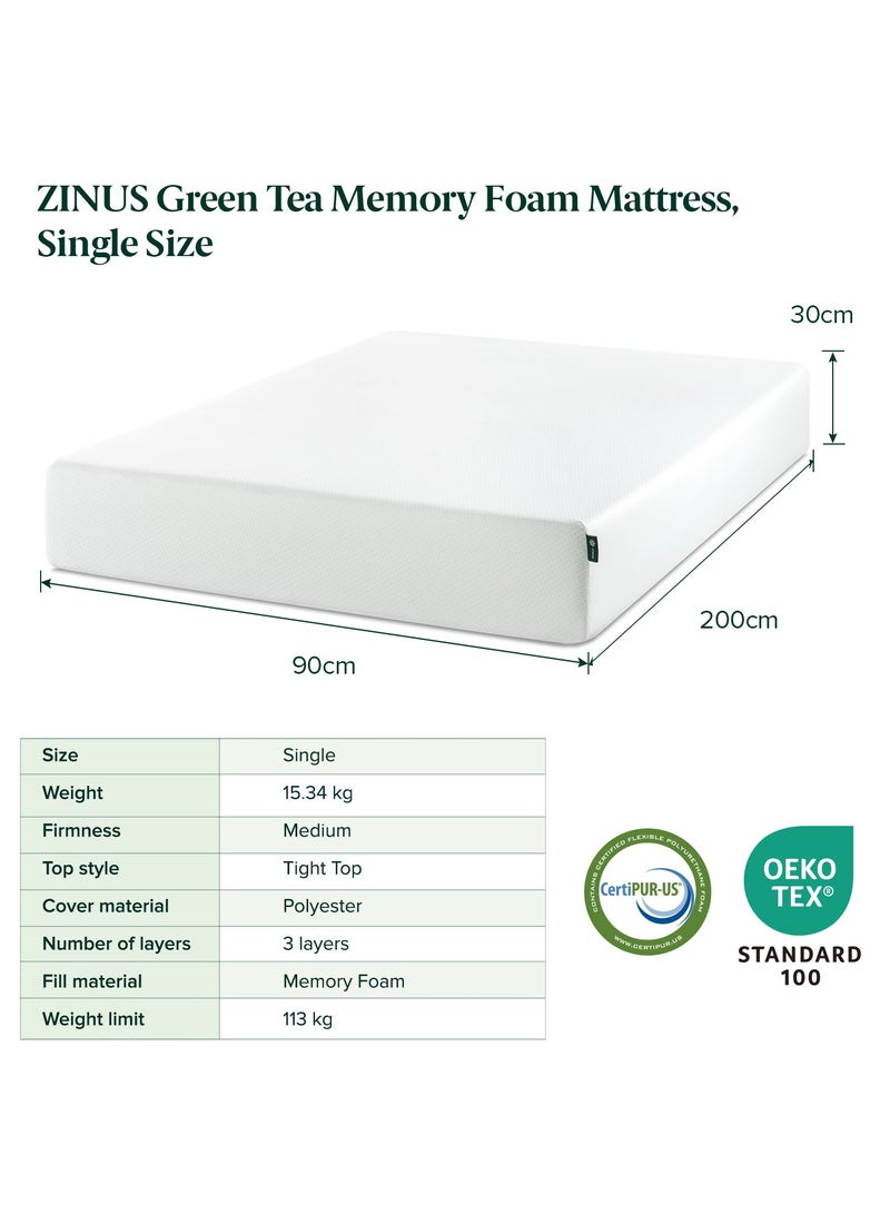 Zinus 30cm Green Tea Memory Foam Mattress | Single Size | Medium-Firm Support | Fiberglass-Free | Zoned Pressure Relief |  OEKO-TEX® & CertiPUR-US® Certified | Mattress in a Box | 90W x 200L x 30H CM - Image 2